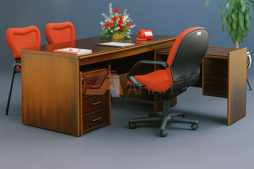 Natural Wood Rectangle Secretarial Table with Side Table & Mobile Pedestal (Model 220-20-24)