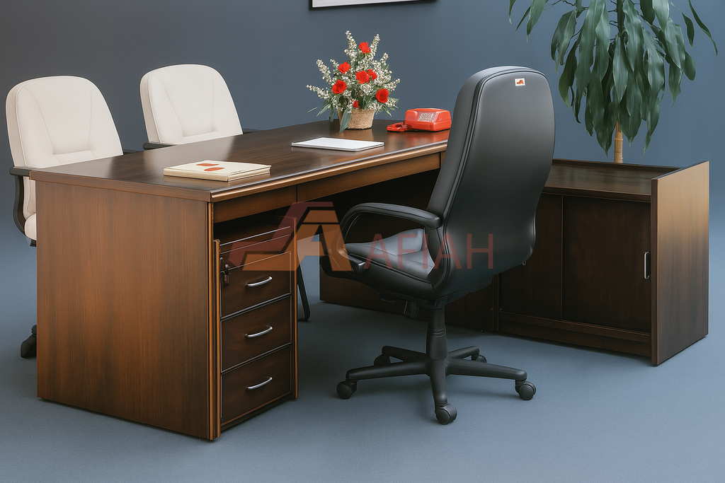 Natural Wood Rectangle Managerial Table with Sliding Cabinet & Mobile Pedestal (Model 226-28-24)