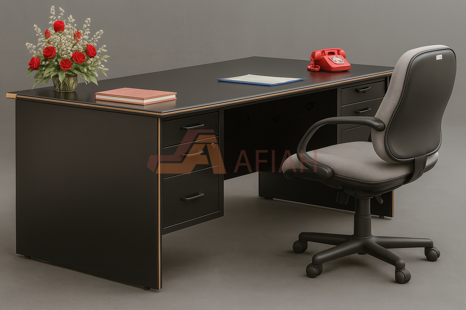 Natural Wood Rectangle Managerial Table with 2 Fixed Hanging Pedestal (Model 366)