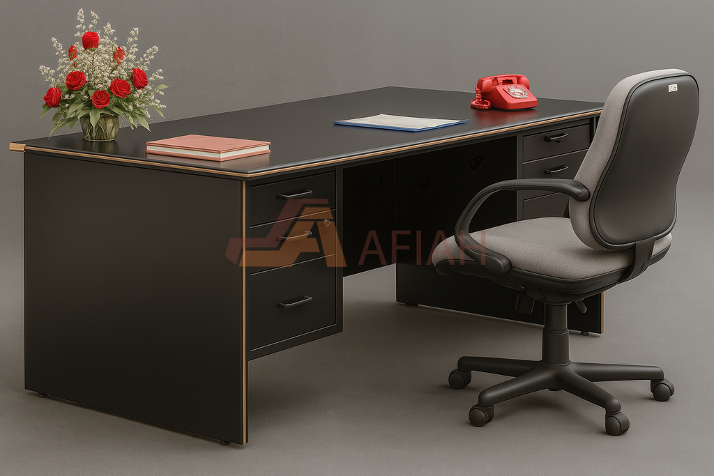 Natural Wood Rectangle Managerial Table with 2 Fixed Hanging Pedestal (Model 366)