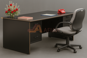 Natural Wood Rectangle Managerial Table with 2 Fixed Hanging Pedestal (Model 366)