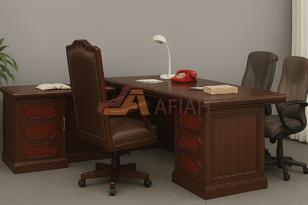 Natural Wood Rectangle Managerial Table with Fixed Hanging Pedestal & Side Table (Model 6688L)